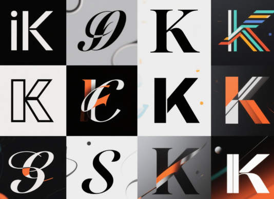 Stylish collage of the letter K in artistic fonts and dynamic graphics.