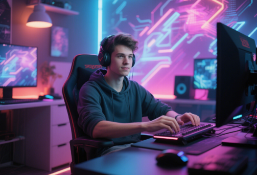 Gamer in a modern setup with ambient lighting representing a relaxed and confident gaming persona.