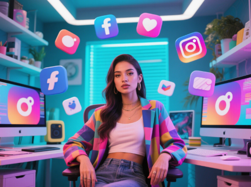 Modern digital workspace with social media icons representing a trendy influencer lifestyle.