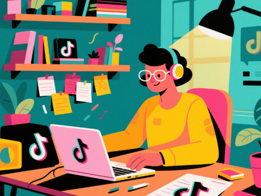 Content creator’s workspace with laptop and TikTok icons in a modern and vibrant flat design style.