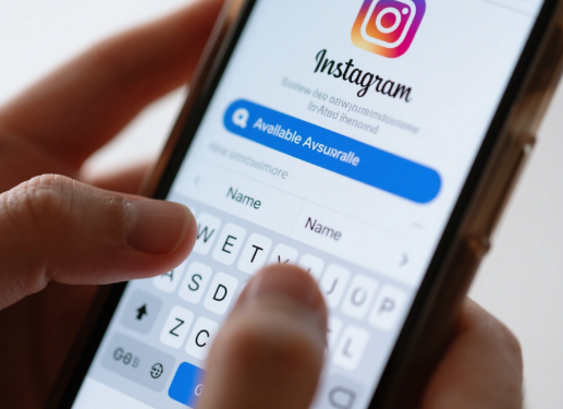 Instagram username being typed on a smartphone screen with availability options shown.