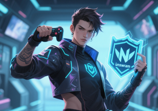 Confident gamer in a futuristic setting holding a digital emblem representing a unique username