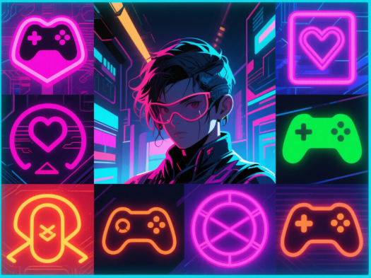 Futuristic gaming collage with neon lights and bold icons representing digital identity
