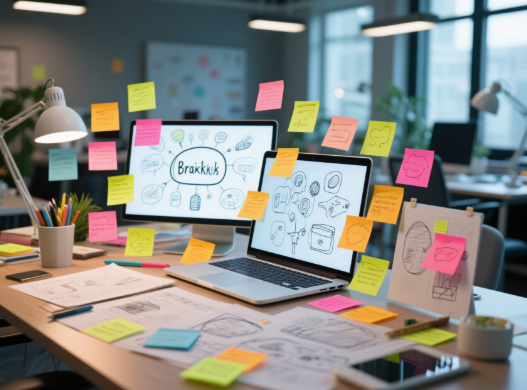 Modern workspace with brainstorming notes and creative ideas for YouTube usernames