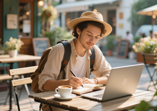 Traveler writing a blog at an outdoor café with a laptop and coffee