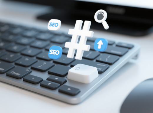 Close-up of a keyboard with a prominent # key and SEO icons around, on a desk