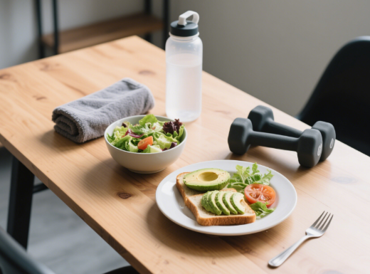 A stylish flat‑lay of a healthy meal next to workout gear on a wooden table