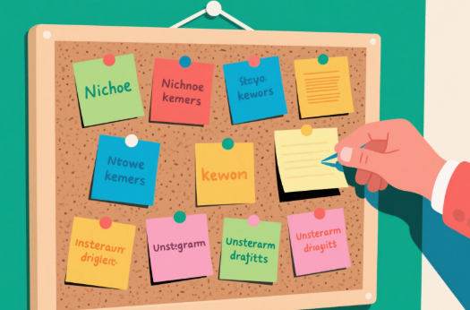 A corkboard covered in colorful sticky notes showing niche keywords and username ideas, with a hand pinning a new note