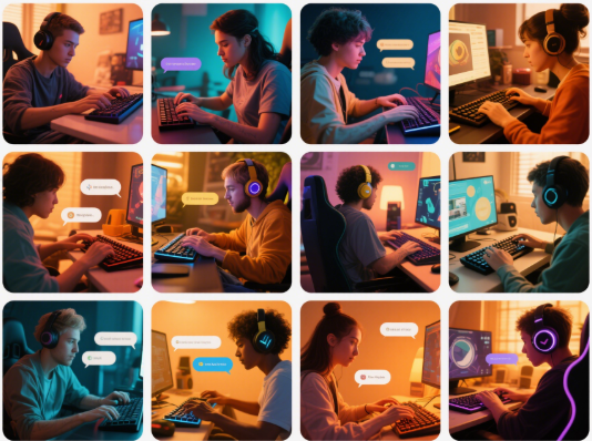 Group of gamers communicating online with headsets and keyboards in cozy lighting