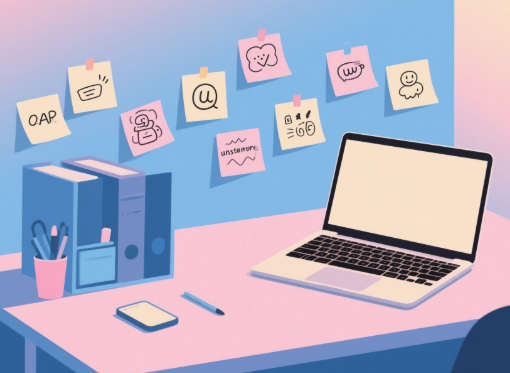 Illustration of a creative desk setup with sticky notes of username ideas and doodles against a pastel gradient backdrop
