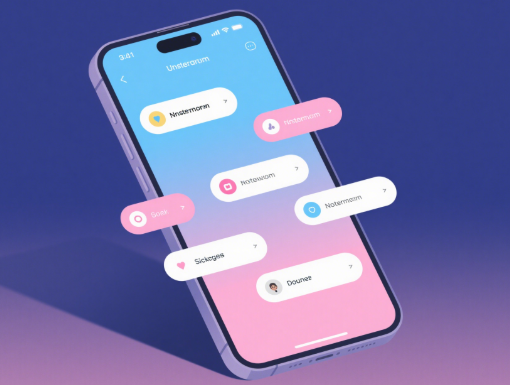 Flat design illustration of a smartphone screen showing username suggestions floating against a blue‑pink pastel gradient background