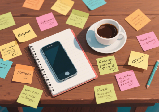 A flat‑style graphic showing a notebook, phone, and coffee cup with username drafts scattered around