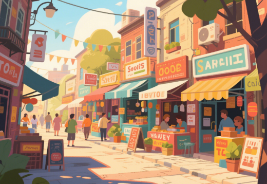 Digital illustration of a lively street market with small business signs