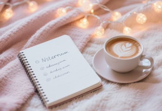 Flat-lay with latte, journal of username ideas, and fairy lights on a pastel background