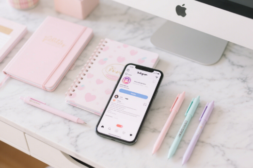 Flat-lay of pastel stationery and phone displaying an Instagram bio layout