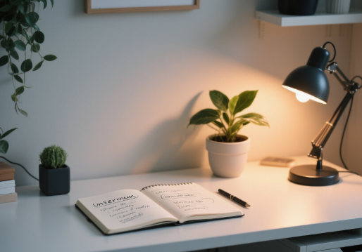 A clean, modern desk setup with a notebook open to brainstorming username ideas