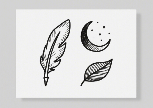 Hand-drawn style icons representing creativity, nature, and simplicity