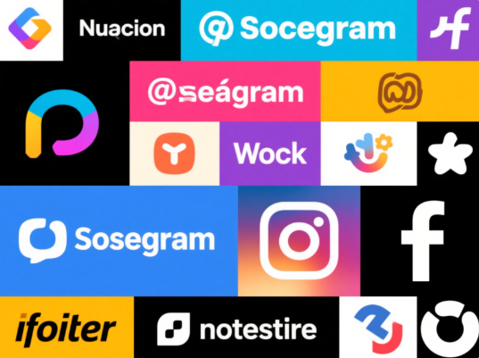 A vibrant collage of various social media platform logos (Instagram, Twitter, TikTok, etc.) with creative usernames displayed above them