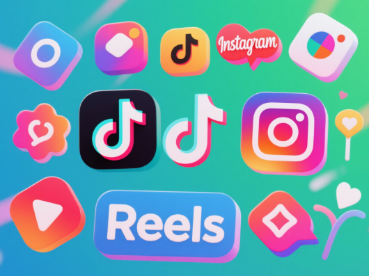Colorful digital artwork representing social media platforms like TikTok and Reels.