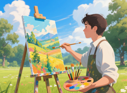Artist painting a bright landscape on canvas outdoors with easel, palette, and brushes