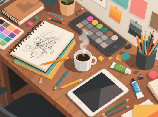 Overhead shot of an artist’s workspace with sketchbooks, digital tablet, coffee cup, and paint supplies