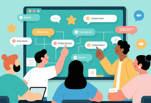People brainstorming Facebook username ideas on a digital board in a creative illustration