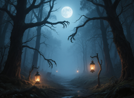 Foggy forest path with claw-like branches and lantern light