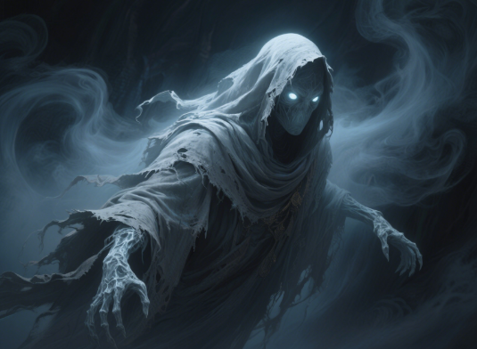 Spectral figure with glowing eyes emerging from swirling mist