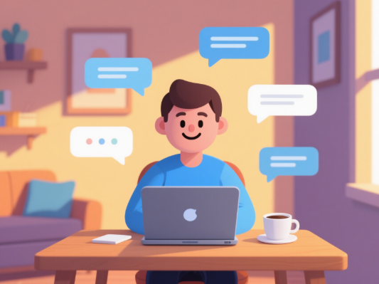 Flat-style character at a desk generating Instagram username ideas, with speech bubbles containing sample handles