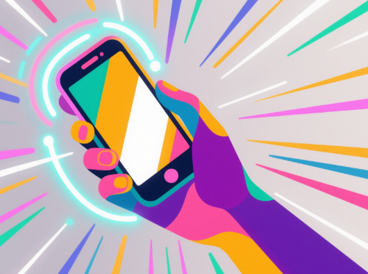 Mid-article banner showing a stylized hand holding a phone with bursting neon rings around it, dynamic motion lines, modern flat vector style