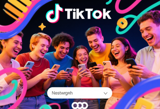 A group of happy TikTok users typing usernames on their phones