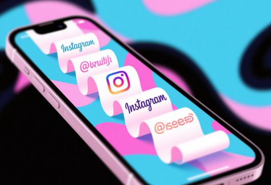 Vibrant smartphone screen displaying a scroll of example Instagram usernames in playful fonts against pastel background
