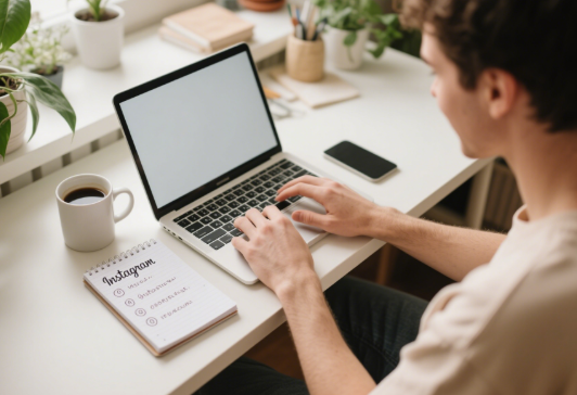 Cozy workspace with person brainstorming Instagram usernames on laptop and notepad, coffee cup on desk