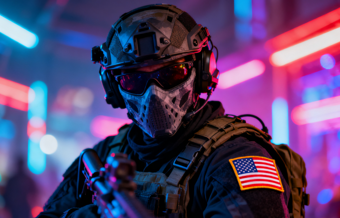 Tactical gamer avatar with neon US accents