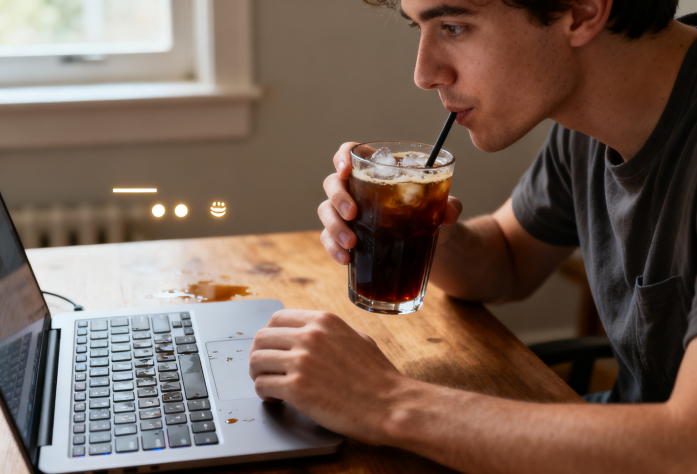 person at desk with iced coffee and keyboard