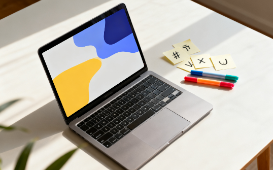 Laptop with nickname generator and symbol design elements